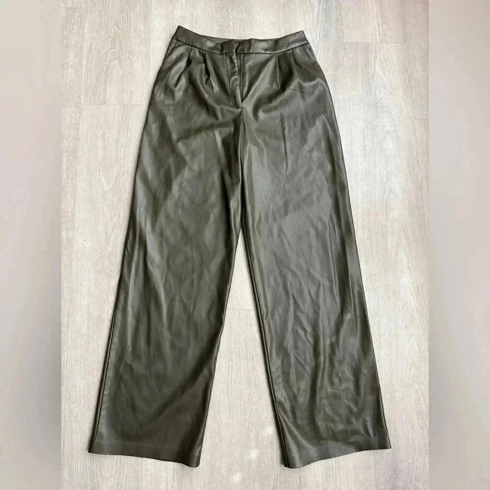 Express High Rise Wide Leg Faux Leather Pants Size 4R Olive Green